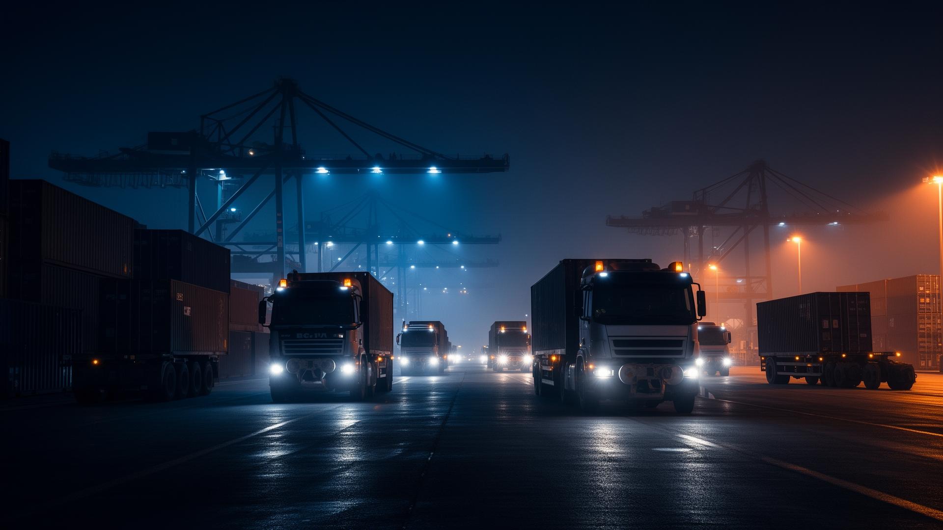 Operação portuária noturna com caminhões e equipamentos industriais